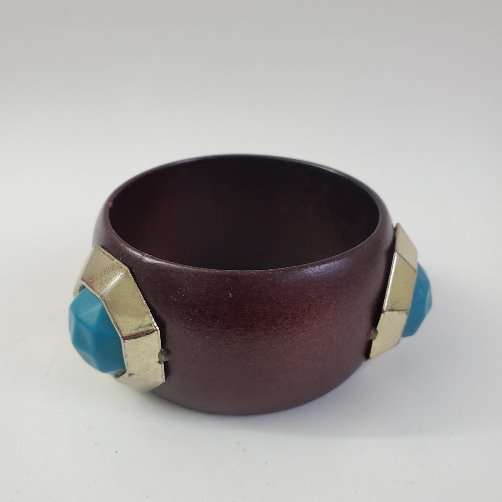 Vintage Wood Turquoise Like Stone Bangle Bracelet